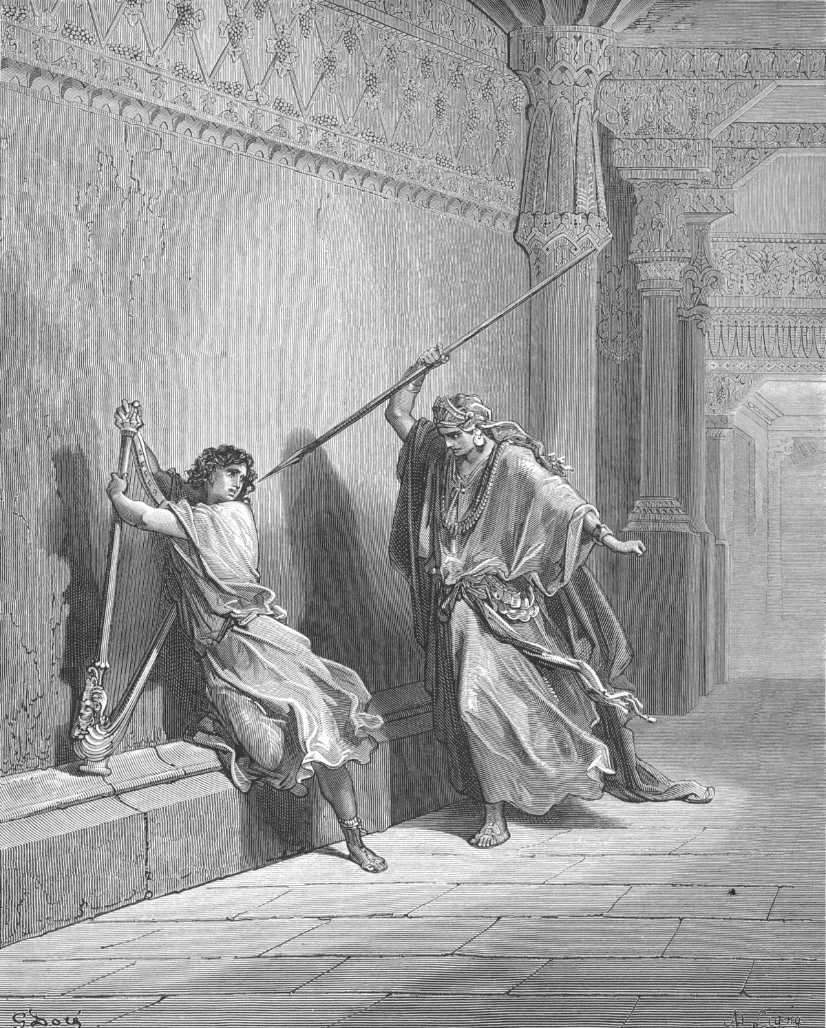 “Saul Attempts to Kill David (1Sam. 18:6-14)“, Doré’s English Bible, 1866.