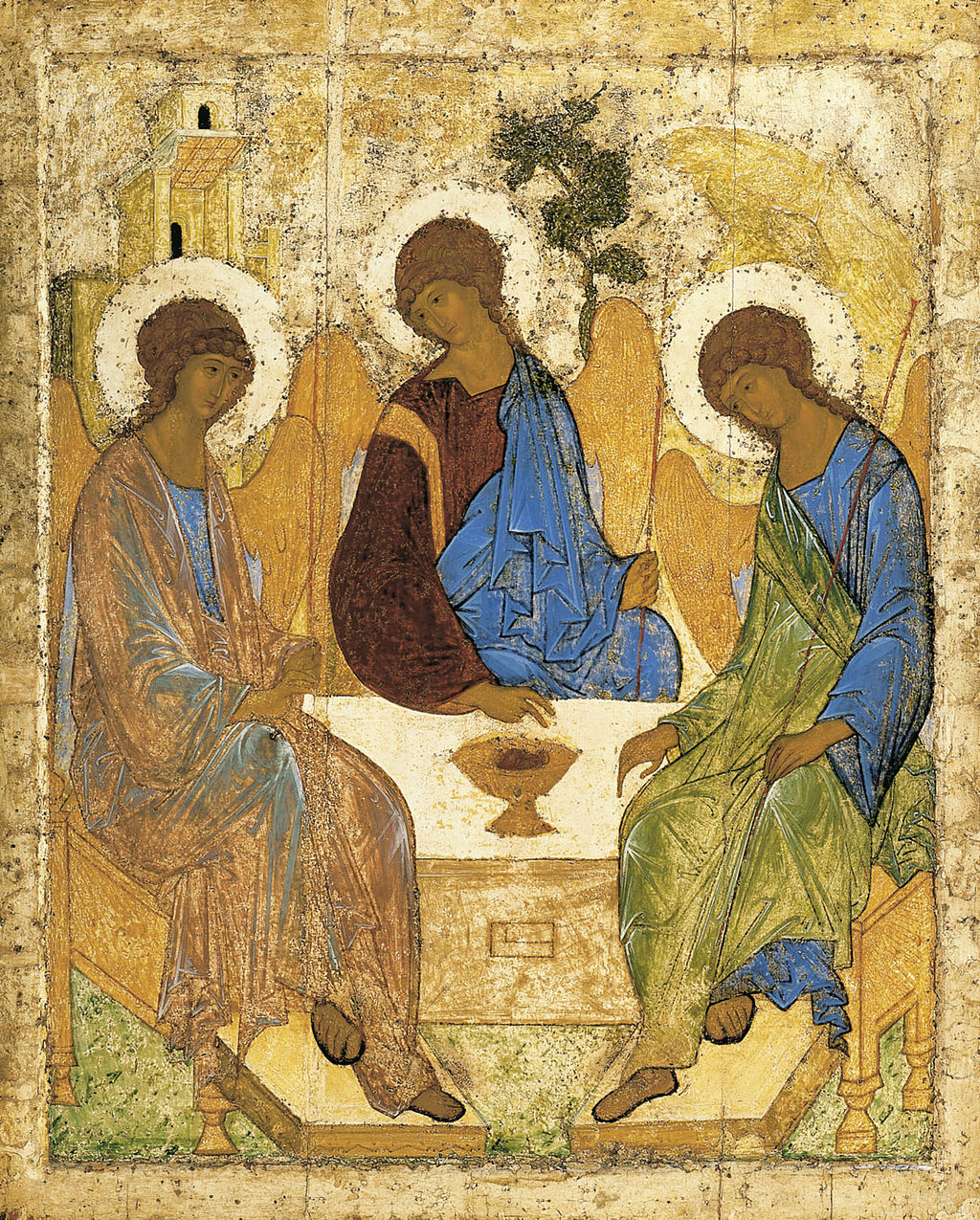 Die Dreifaltigkeitsikone, троица, von Andrei Rubljow, entstanden ca. 1411, heute ausgestellt in der Tretjakow-Galerie in Moskau - Lizenz: gemeinfrei.