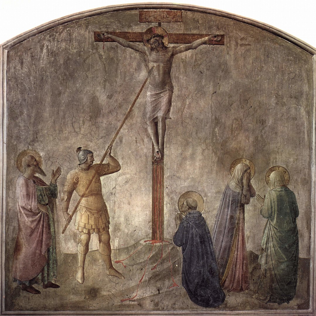 Kreuzigung Christi mit Lanzenstich des Hauptmanns Longinus, Fresko von Fra Angelico – Lizenz: gemeinfei.