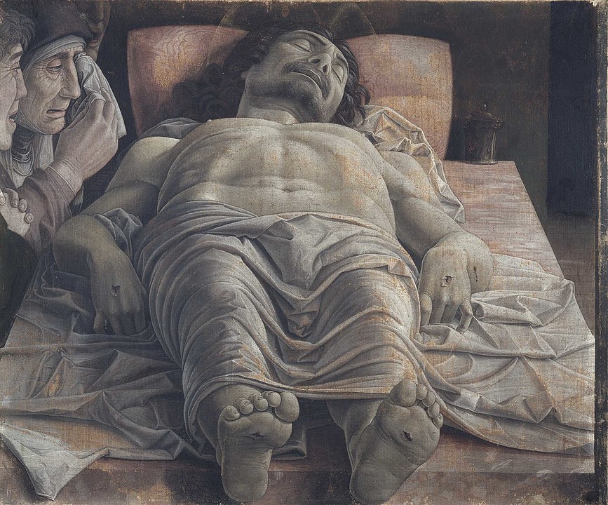 The dead Christ and three mourners, Andrea Mantegna (1470). Lizenz: gemeinfrei.