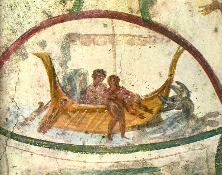 „Jona wird ins Meer geworfen“, Darstellung in der Katakombe der Heiligen Marcellinus und Petrus (Rom, 4.-6. Jahrhundert)