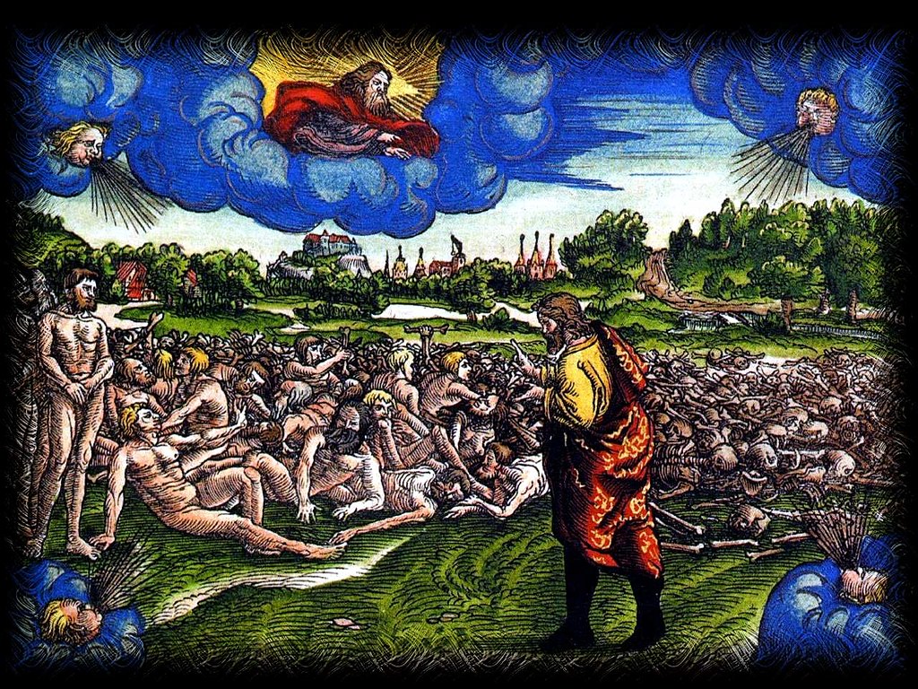„Die Auferweckung der Totengebeine Israels“, Illustration zu Ezechiel 37 aus der Lutherbibel 1534 – Lizenz: gemeinfrei.