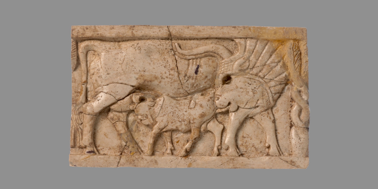Assyr. Elfenbeinschnitzerei: Kuh säugt Kalb, 9.-8. Jh. v. Chr., CC0 1.0 Universal Public Domain Dedication