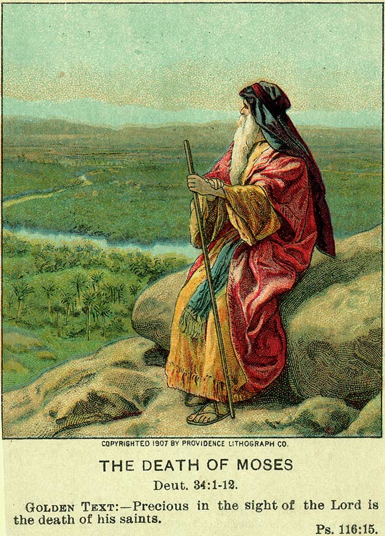 „The Death of Moses, as in Deuteronomy 34:1-12“, Illustration einer Bibelpostkarte von 1907, hergestellt von Providence Lithograph Company – Lizenz: gemeinfrei.
