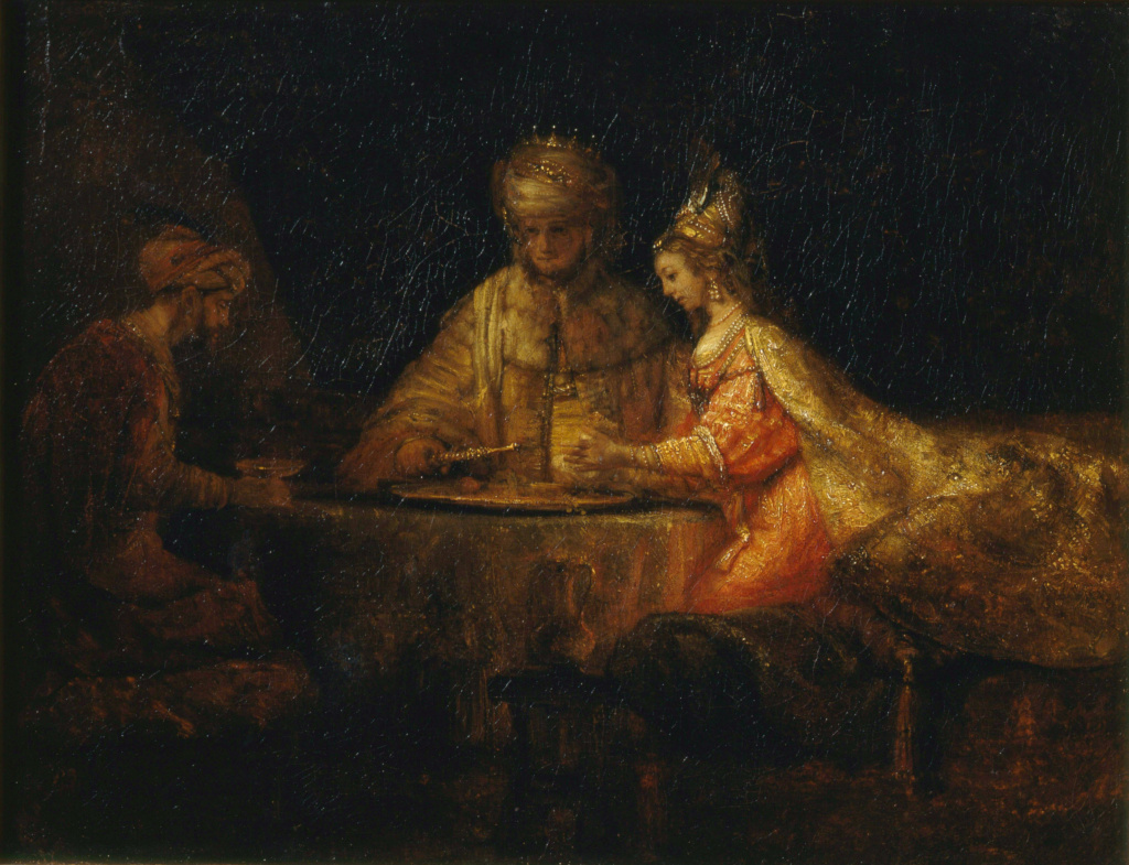 Rembrandt van Rijn (1606 – 1669), „Haman and Ahasuerus visit Esther“, im Besitz des Staatlichen Museums für Bildende Künste A. S. Puschkin in Moskau. Lizenz: gemeinfrei.