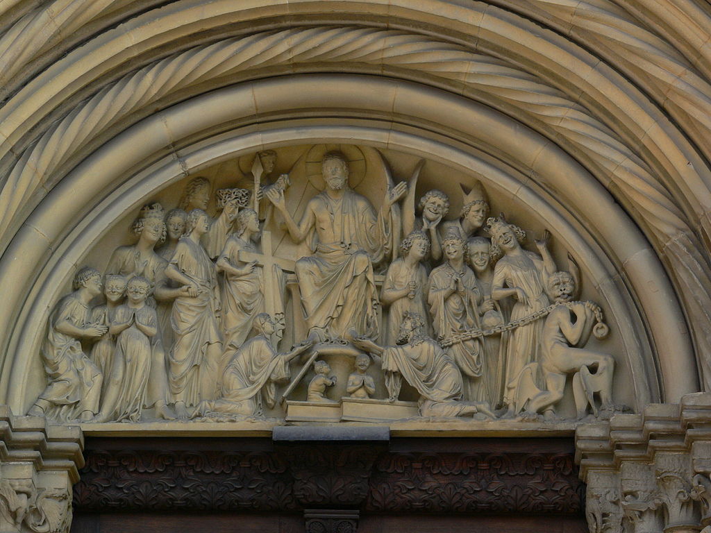 Bamberger Dom, Fürstenportal, Tympanum (jüngstes Gericht), Foto von Johannes Otto Först, gemeinfrei via wikicommons.