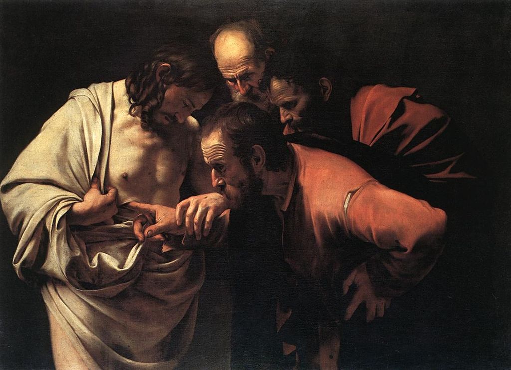 Caravaggio, Der ungläubige Thomas (1601/02), [Public domain] wikicommons