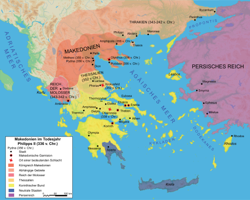 Makedonien im Todesjahr Philipps II. 336 v. Chr. via wikicommons