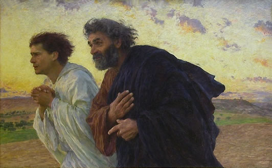 Eugène Burnand, Die Jünger Johannes und Petrus, am Morgen nach der Auferstehung zum Grab laufend (1898), gemeinfrei via wikicommons