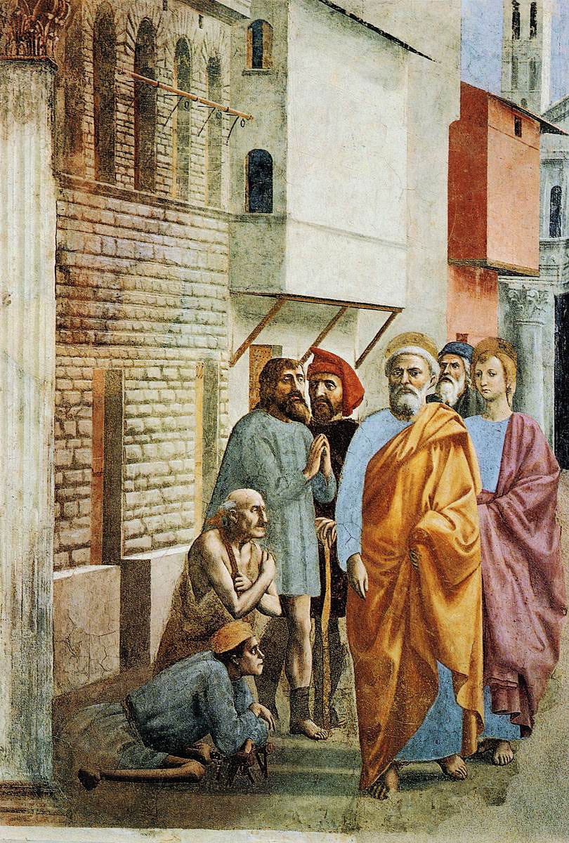 Masaccio, Der Heilige Petrus heilt die Kranken mit seinem Schatten [Public domain]