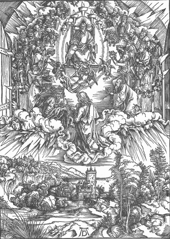 Albrecht Dürer, Apokalypse, Johannes und die 24 Ältesten vor dem Thron, gemeinfrei Wikimedia