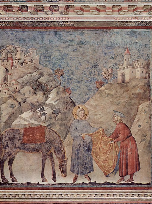 Giotto di Bondone, Der Heilige Franziskus schenkt einem verarmten Ritter seinen Mantel (1296-1298), gemeinfrei.