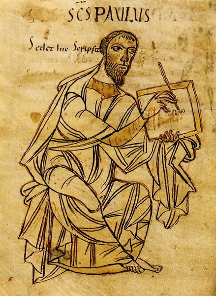 Paulus, einen Brief schreibend (9. Jh., Handschrift St Gallen, Württembergische Landesbibliothek Stuttgart), Public Domain