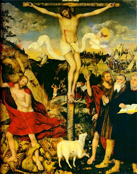 Lucas Cranach, Christus am Kreuz: Mitteltafel Altarbild Peter und Paul/Weimar (nach 1553), Wikimedia Commons